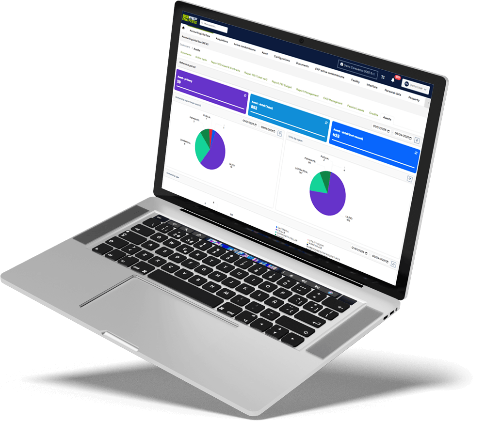 Mockup dell’app REFTree: dashboard per la gestione immobiliare.